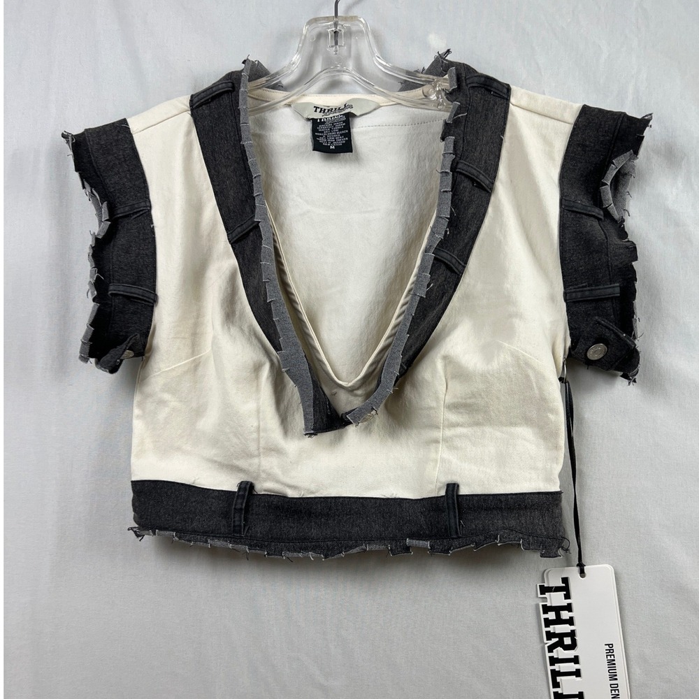 Thrill Denim Crop Top Womens Medium Cream Gray Deconstructed Frayed V-Neck New